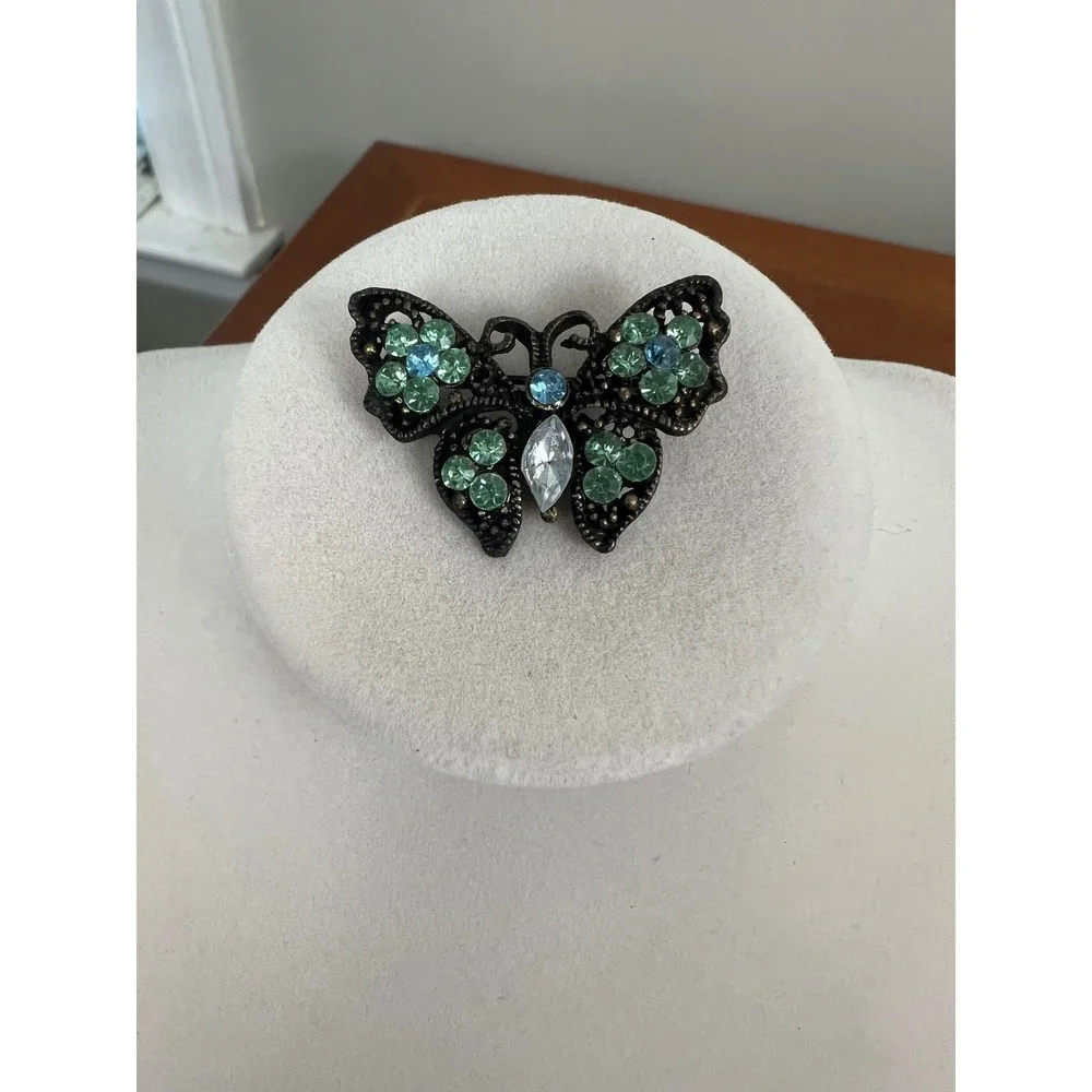 Vintage Style Butterfly Brooch Green Blue Rhinestone Bronze Tone Filigree Pin